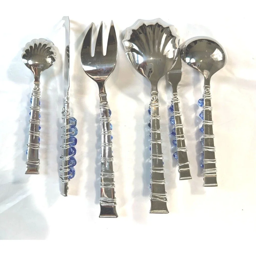 Heritage Mint 6 Pc Beaded Serving Set Blue White Swirl Glass Wire Wrapped